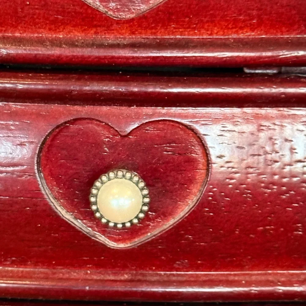 Vintage Cherry Wooden Jewelry Armoire Organizer with Heart Accents‎ cubby hooks